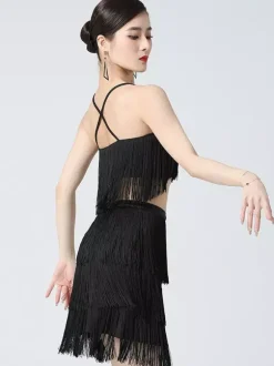 Latin Dress White Girl's Polyester Fringe Back Cross Straps Latin Dancer Dancing Costume