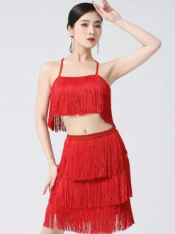 Latin Dress White Girl's Polyester Fringe Back Cross Straps Latin Dancer Dancing Costume