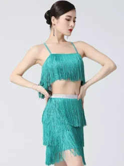 Latin Dress White Girl's Polyester Fringe Back Cross Straps Latin Dancer Dancing Costume