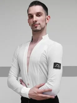 Latin Ballroom Dance Costume White Men's Polyester Tops Sexy Latin Dancing Costume