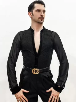 Latin Dance Ballroom Costume Black Men's Polyester Sexy Latin Tops Dancing Wear