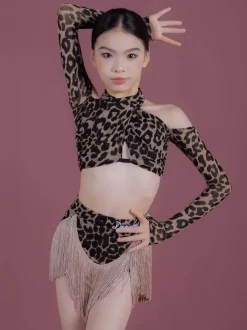 Latin Dance Costume Black Girl's Polyester Tassel Skirt Long Sleeves Top Latin Dance Costumes Set