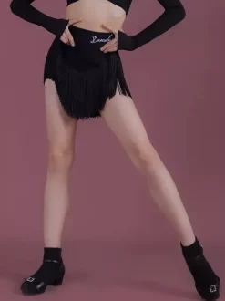 Latin Dance Costume Black Girl's Polyester Tassel Skirt Long Sleeves Top Latin Dance Costumes Set