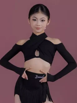 Latin Dance Costume Black Girl's Polyester Tassel Skirt Long Sleeves Top Latin Dance Costumes Set
