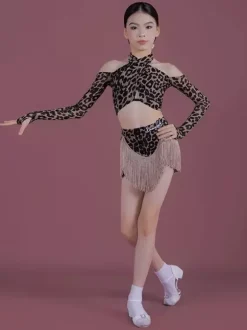 Latin Dance Costume Black Girl's Polyester Tassel Skirt Long Sleeves Top Latin Dance Costumes Set