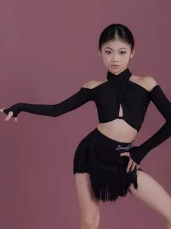Latin Dance Costume Black Girl's Polyester Tassel Skirt Long Sleeves Top Latin Dance Costumes Set