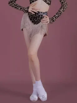 Latin Dance Costume Black Girl's Polyester Tassel Skirt Long Sleeves Top Latin Dance Costumes Set