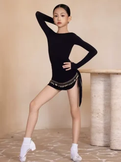 Latin Dance Costume Black Girls Long Sleeves Shaping Dress Top Dancing Costume