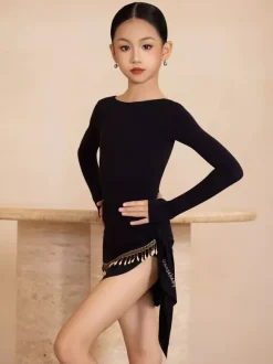 Latin Dance Costume Black Girls Long Sleeves Shaping Dress Top Dancing Costume