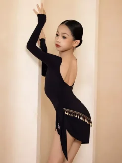 Latin Dance Costume Black Girls Long Sleeves Shaping Dress Top Dancing Costume