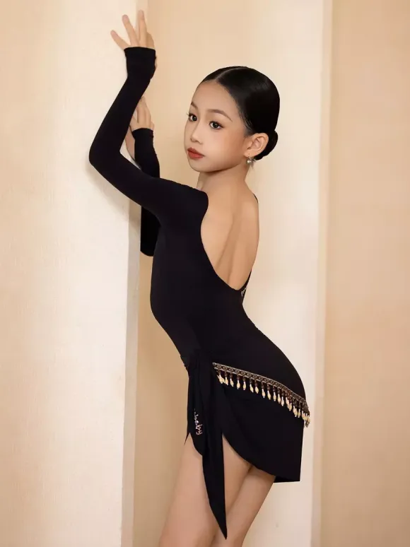 Latin Dance Costume Black Girls Long Sleeves Shaping Dress Top Dancing Costume