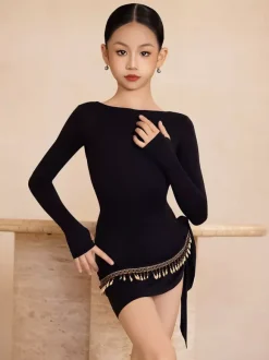 Latin Dance Costume Black Girls Long Sleeves Shaping Dress Top Dancing Costume