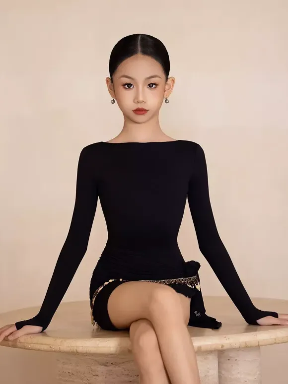 Latin Dance Costume Black Girls Long Sleeves Shaping Dress Top Dancing Costume