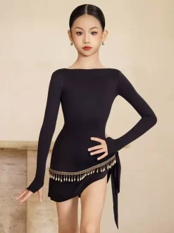 Latin Dance Costume Black Girls Long Sleeves Shaping Dress Top Dancing Costume