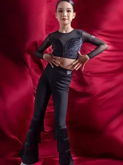 Latin Dance Costume Black Girl's Polyester Pants Top Latin Dancer Dancing Wear