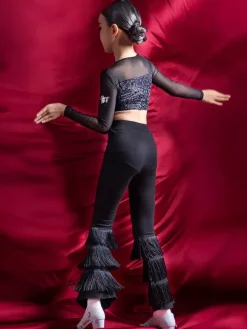 Latin Dance Costume Black Girl's Polyester Pants Top Latin Dancer Dancing Wear