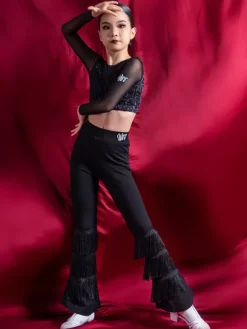 Latin Dance Costume Black Girl's Polyester Pants Top Latin Dancer Dancing Wear