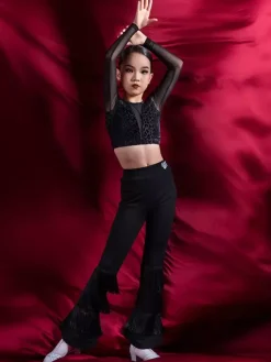 Latin Dance Costume Black Girl's Polyester Pants Top Latin Dancer Dancing Wear