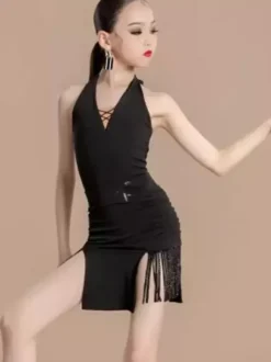 Latin Dance Costume Black Girl's Lycra Spandex Skirt Top Dancing Costume
