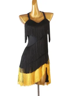 Latin Dance Costume Black Women's Fringe Rhinestones Bodycon Sexy Polyester Dress Dancing Costume