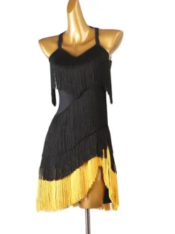 Latin Dance Costume Black Women's Fringe Rhinestones Bodycon Sexy Polyester Dress Dancing Costume