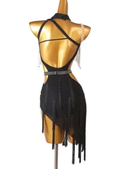 Latin Dance Costume Black Women's Rhinestones Fringe Backless Bodycon Sexy Polyester Dress Dancing Costume
