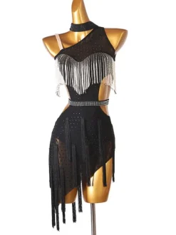 Latin Dance Costume Black Women's Rhinestones Fringe Backless Bodycon Sexy Polyester Dress Dancing Costume