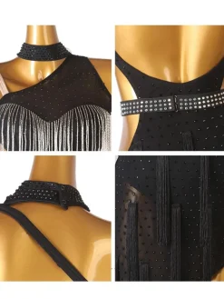 Latin Dance Costume Black Women's Rhinestones Fringe Backless Bodycon Sexy Polyester Dress Dancing Costume