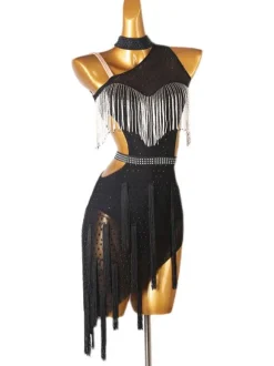 Latin Dance Costume Black Women's Rhinestones Fringe Backless Bodycon Sexy Polyester Dress Dancing Costume