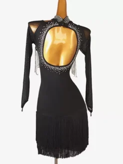 Latin Dance Costume Black Women's Split Front Sequins Lycra Spandex Dress Dancing Costume