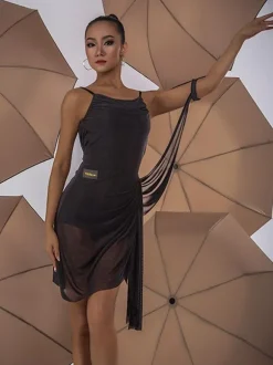 Latin Dance Costume Black Women's Pleated Open Shoulder Set Elegant Polyester Dress Dancing Costume
