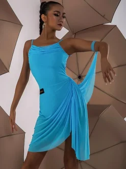 Latin Dance Costume Black Women's Pleated Open Shoulder Set Elegant Polyester Dress Dancing Costume