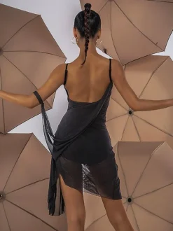 Latin Dance Costume Black Women's Pleated Open Shoulder Set Elegant Polyester Dress Dancing Costume