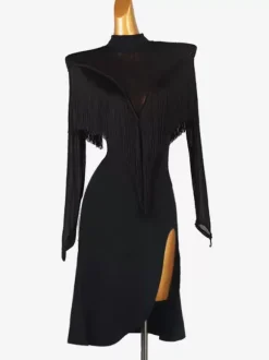 Latin Dance Costume Black Women's Fringe Backless Lycra Spandex Dress Dancing Costume