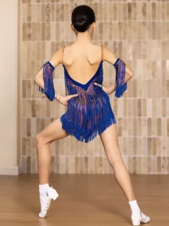 Latin Dance Costume Blue Girl's Adult Tassel Gradient Color Latin Dresses