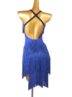 Latin Dance Costume Blue Women's Polyester Dress Backless Sexy Fringe Latin Dancer Dancing Wear