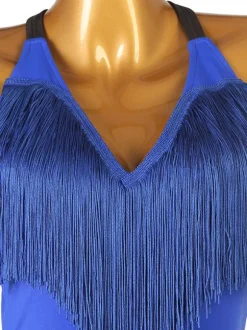 Latin Dance Costume Blue Women's Polyester Dress Backless Sexy Fringe Latin Dancer Dancing Wear
