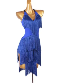 Latin Dance Costume Blue Women's Polyester Dress Backless Sexy Fringe Latin Dancer Dancing Wear