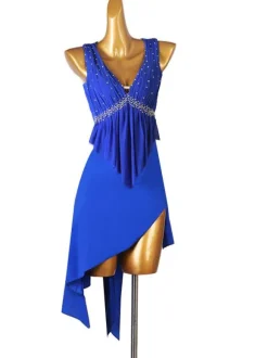 Latin Dance Costume Blue Women's Rhinestones Fringe Bodycon Sexy Polyester Dress Dancing Wear