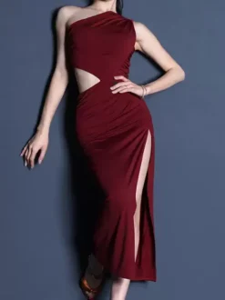Latin Dance Costume Burgundy Women's Polyester Dress Sexy Split Front Latin Dancer Dancing Costume