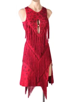 Latin Dance Costume Burgundy Women's Polyester Dress Backless Sexy Fringe Rhinestones Latin Dancer Dancing Wear