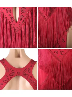 Latin Dance Costume Burgundy Women's Polyester Dress Backless Sexy Fringe Rhinestones Latin Dancer Dancing Wear