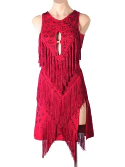 Latin Dance Costume Burgundy Women's Polyester Dress Backless Sexy Fringe Rhinestones Latin Dancer Dancing Wear