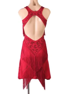 Latin Dance Costume Burgundy Women's Polyester Dress Backless Sexy Fringe Rhinestones Latin Dancer Dancing Wear