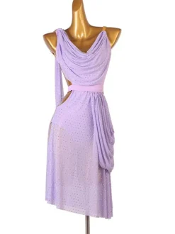 Latin Dance Costume Lavender Women's Polyester Dress Open Shoulder Sexy Rhinestones Latin Dancer Dancing Costume