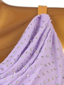 Latin Dance Costume Lavender Women's Polyester Dress Open Shoulder Sexy Rhinestones Latin Dancer Dancing Costume