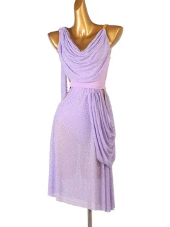 Latin Dance Costume Lavender Women's Polyester Dress Open Shoulder Sexy Rhinestones Latin Dancer Dancing Costume