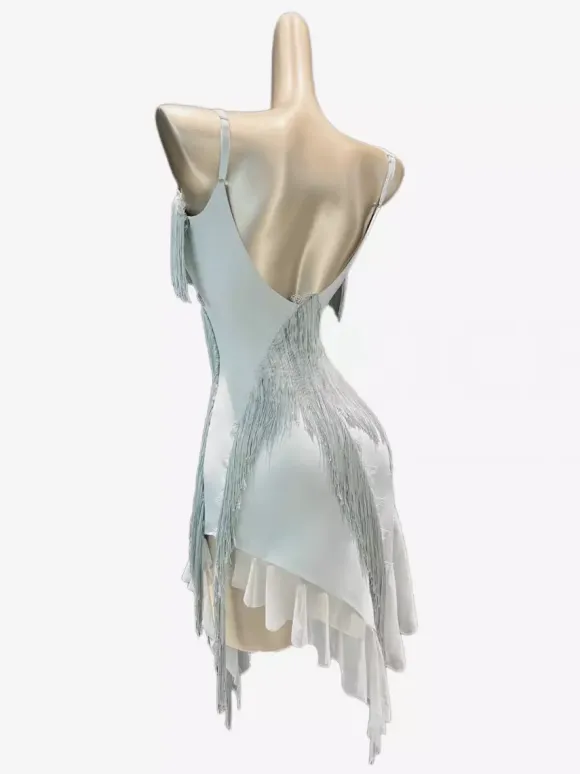 Latin Dance Costume Pastel Blue Women's Polyester Fringe Backless Latin Dancer Dancing Costume