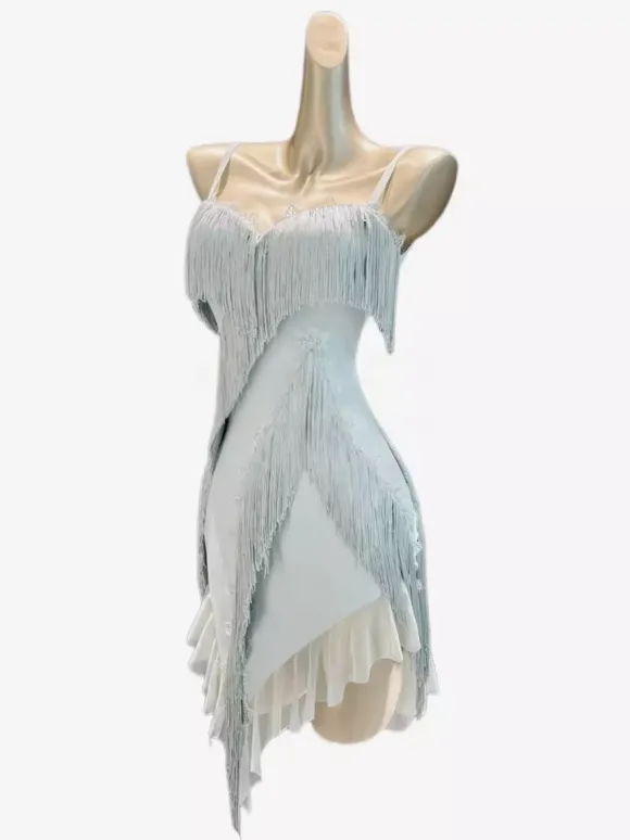 Latin Dance Costume Pastel Blue Women's Polyester Fringe Backless Latin Dancer Dancing Costume