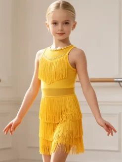 Latin Dance Costume Peach Girl's Polyester Dress Elegant Fringe Latin Dancer Dancing Wear